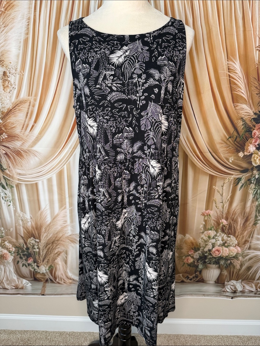 J. Jill Black and White Tropical-Print Sleeveless Midi Dress